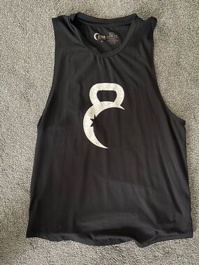 Zyia Active Black Muscle Tank with White Kettlebell Moon Logo